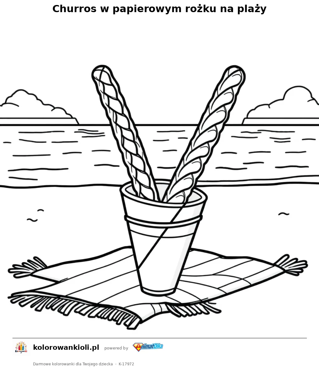 Churros w papierowym rożku na plaży — kolorowanka do wydruku dla dzieci