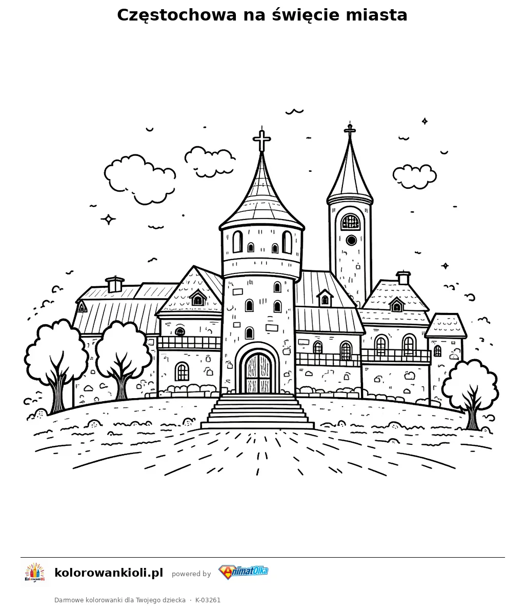 Częstochowa na święcie miasta — kolorowanka do wydruku dla dzieci