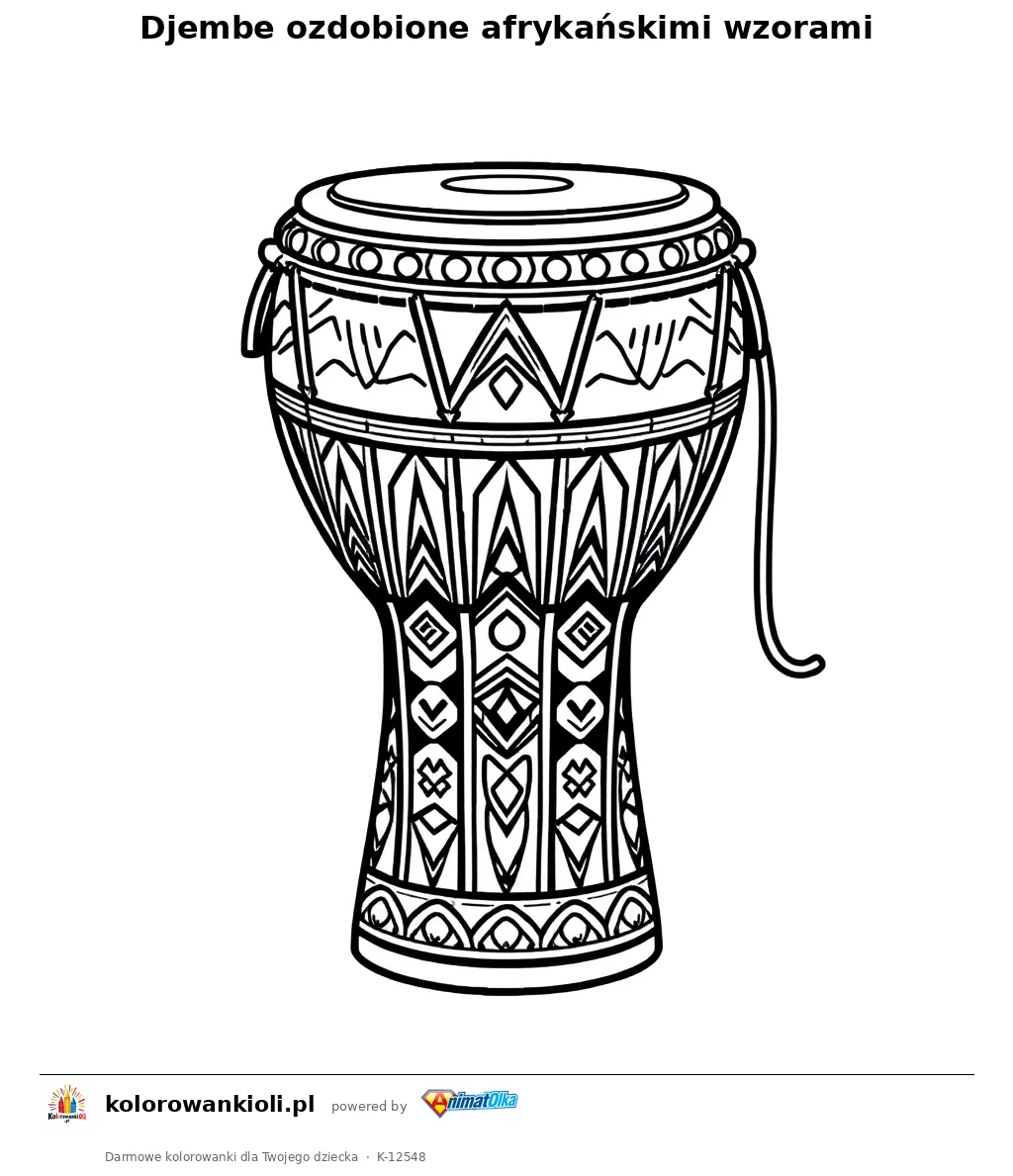 Djembe ozdobione afrykanskimi wzorami — kolorowanka do wydruku dla dzieci