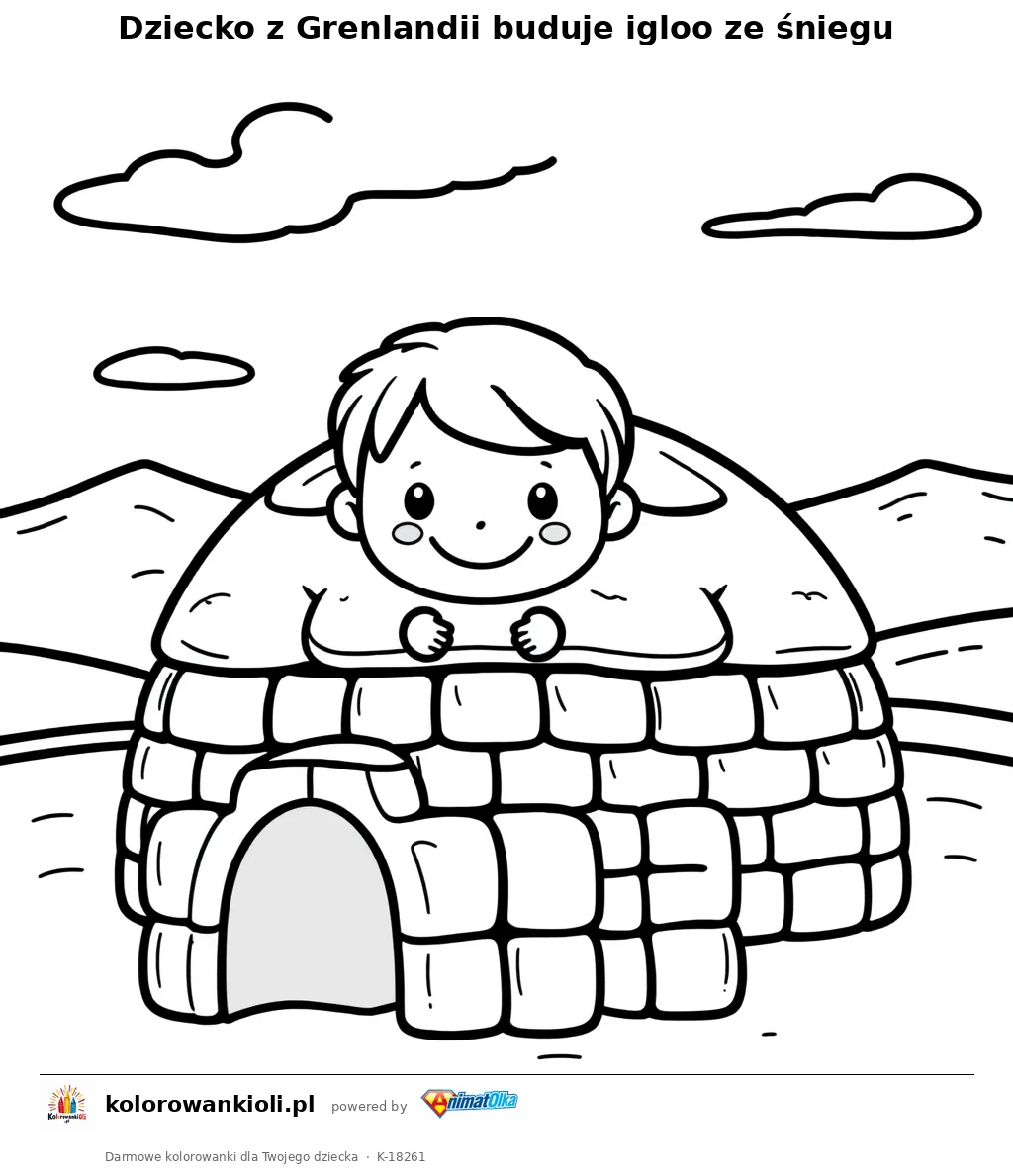 Dziecko z Grenlandii buduje igloo ze śniegu — kolorowanka do wydruku dla dzieci