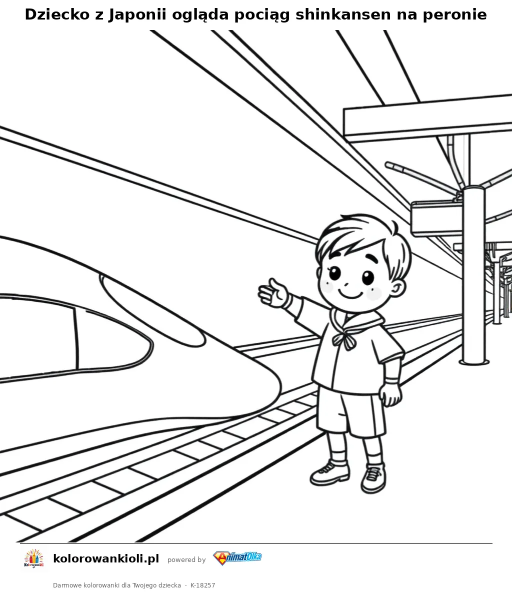 Dziecko z Japonii ogląda pociąg shinkansen na peronie — kolorowanka do wydruku dla dzieci