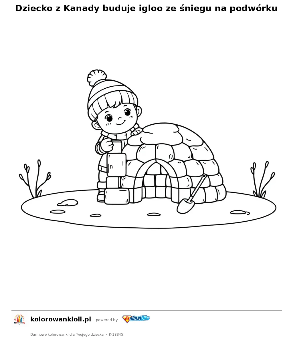 Dziecko z Kanady buduje igloo ze śniegu na podwórku — kolorowanka do wydruku dla dzieci