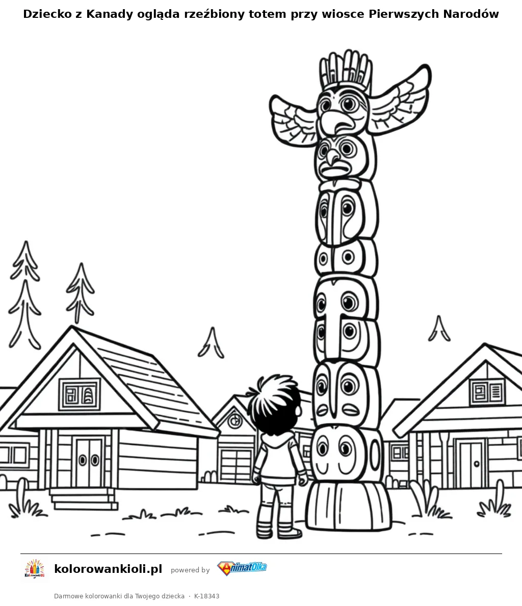 Dziecko z Kanady ogląda rzeźbiony totem przy wiosce Pierwszych Narodów — kolorowanka do wydruku dla dzieci