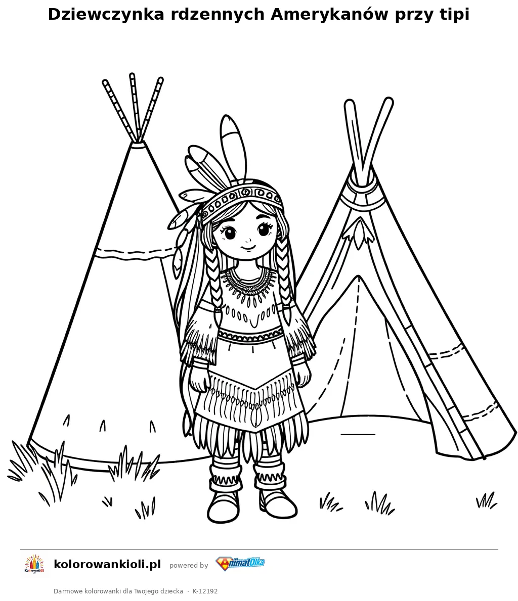 Dziewczynka rdzennych Amerykanow przy tipi — kolorowanka do wydruku dla dzieci