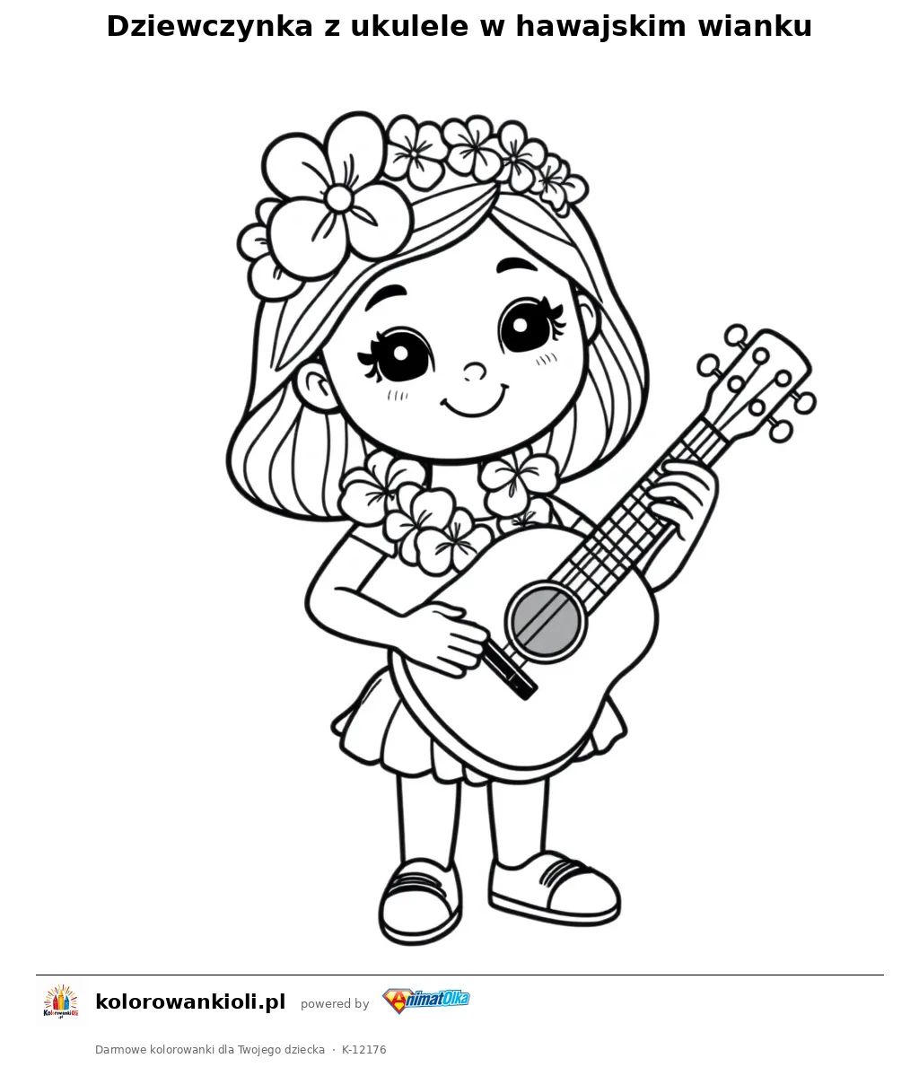 Dziewczynka z ukulele w hawajskim wianku — kolorowanka do wydruku dla dzieci
