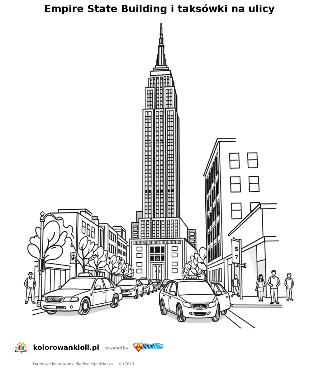Empire State Building i taksówki na ulicy — kolorowanka do wydruku dla dzieci