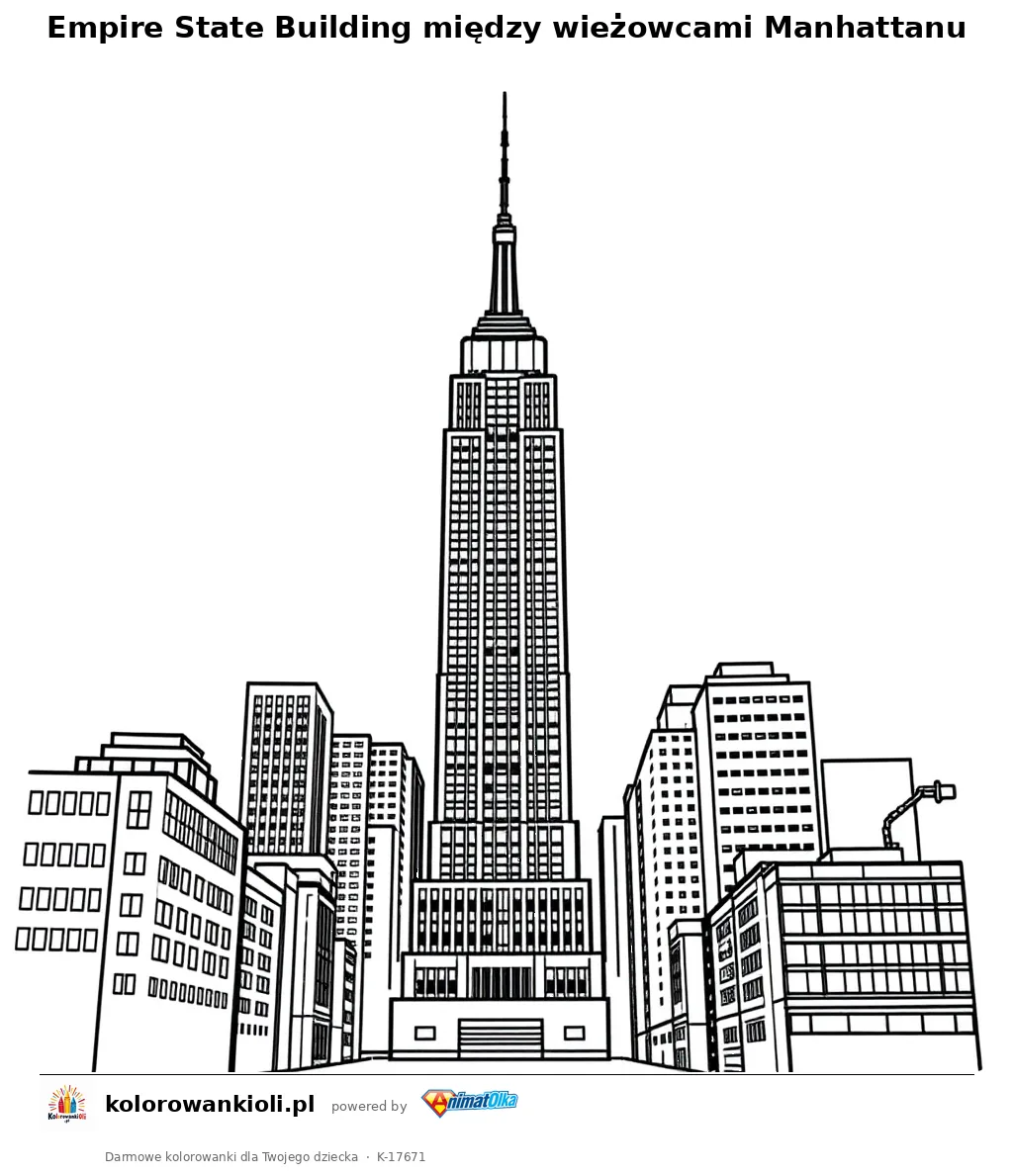 Empire State Building między wieżowcami Manhattanu — kolorowanka do wydruku dla dzieci
