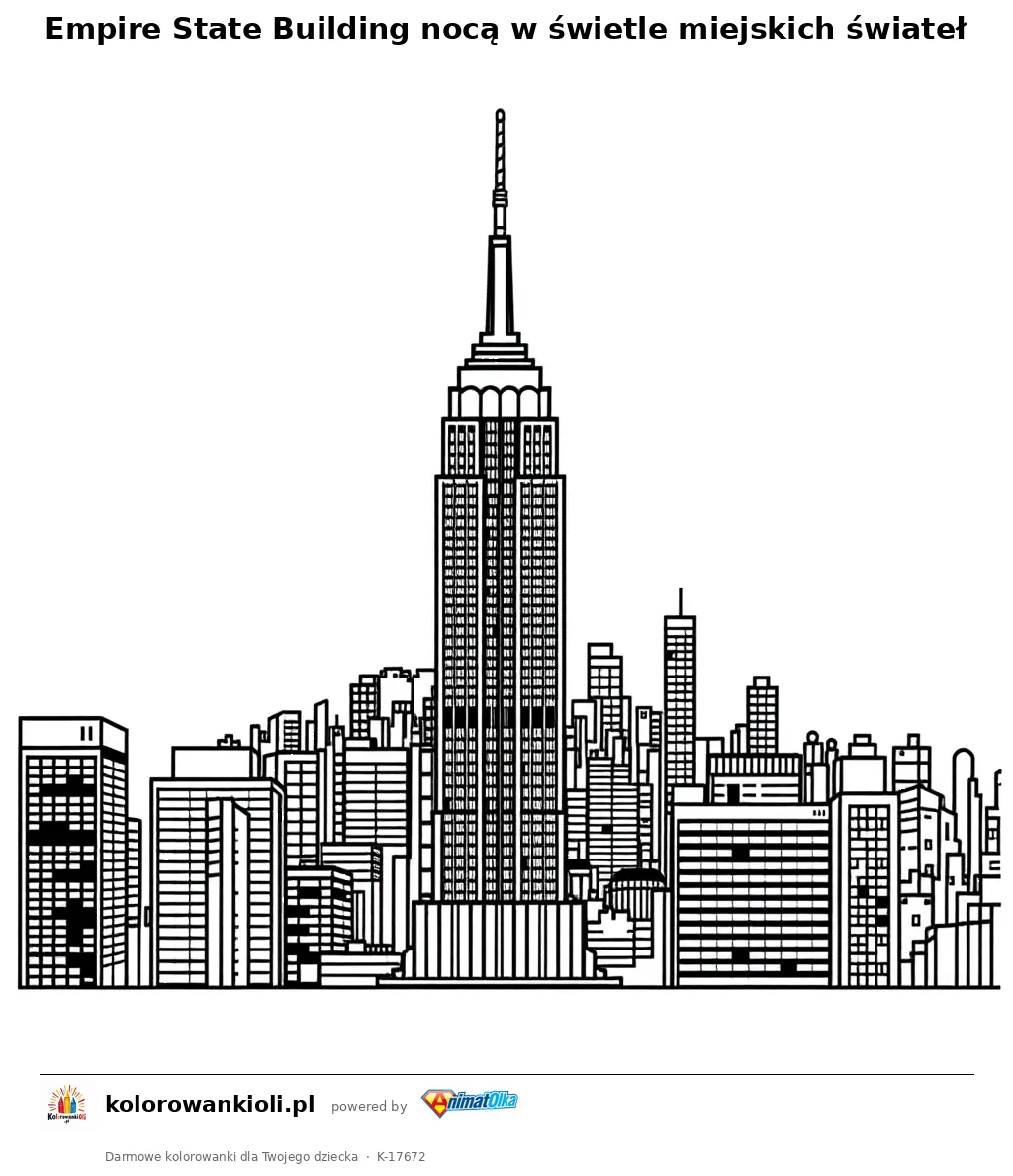 Empire State Building nocą w świetle miejskich świateł — kolorowanka do wydruku dla dzieci