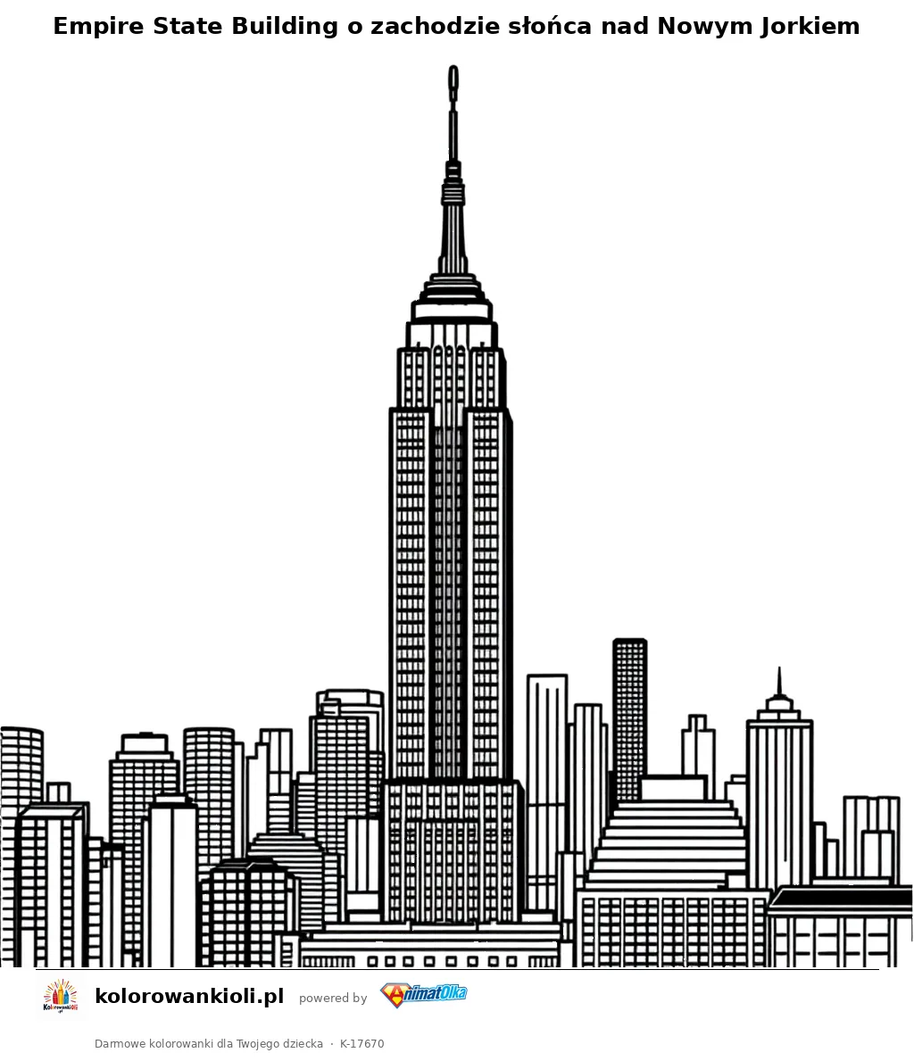 Empire State Building o zachodzie słońca nad Nowym Jorkiem — kolorowanka do wydruku dla dzieci