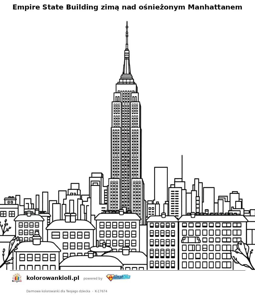 Empire State Building zimą nad ośnieżonym Manhattanem — kolorowanka do wydruku dla dzieci
