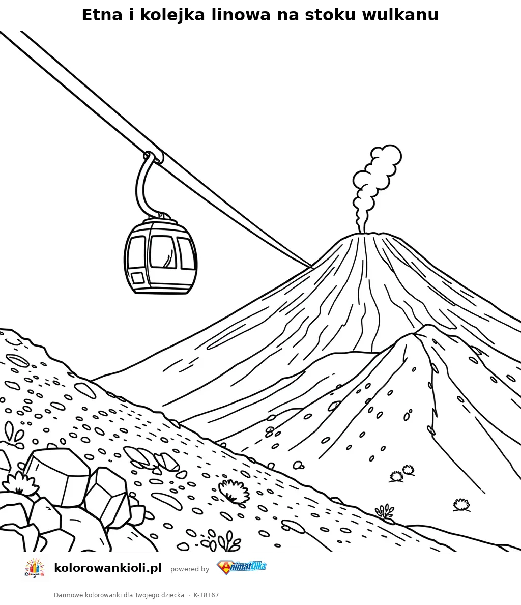 Etna i kolejka linowa na stoku wulkanu — kolorowanka do wydruku dla dzieci