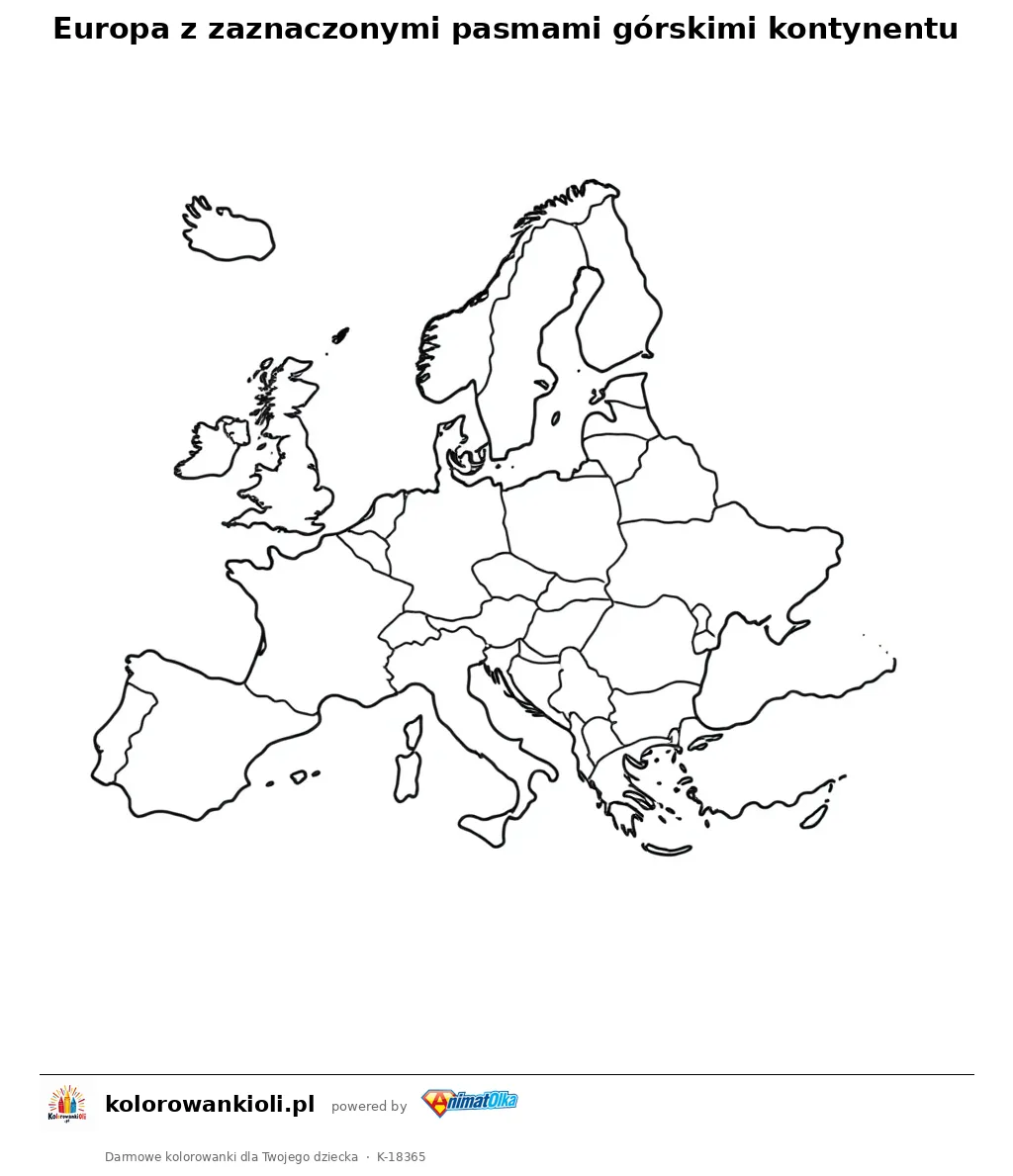 Europa z zaznaczonymi pasmami górskimi kontynentu — kolorowanka do wydruku dla dzieci