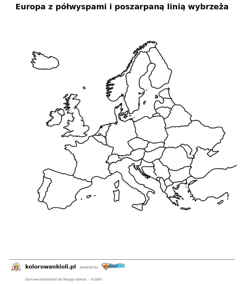 Europa z półwyspami i poszarpaną linią wybrzeża — kolorowanka do wydruku dla dzieci