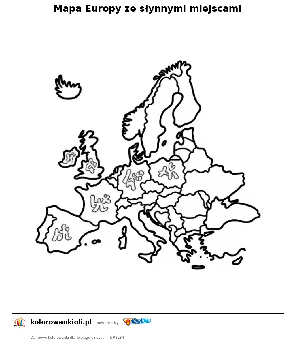 Mapa Europy ze słynnymi miejscami — kolorowanka do wydruku dla dzieci