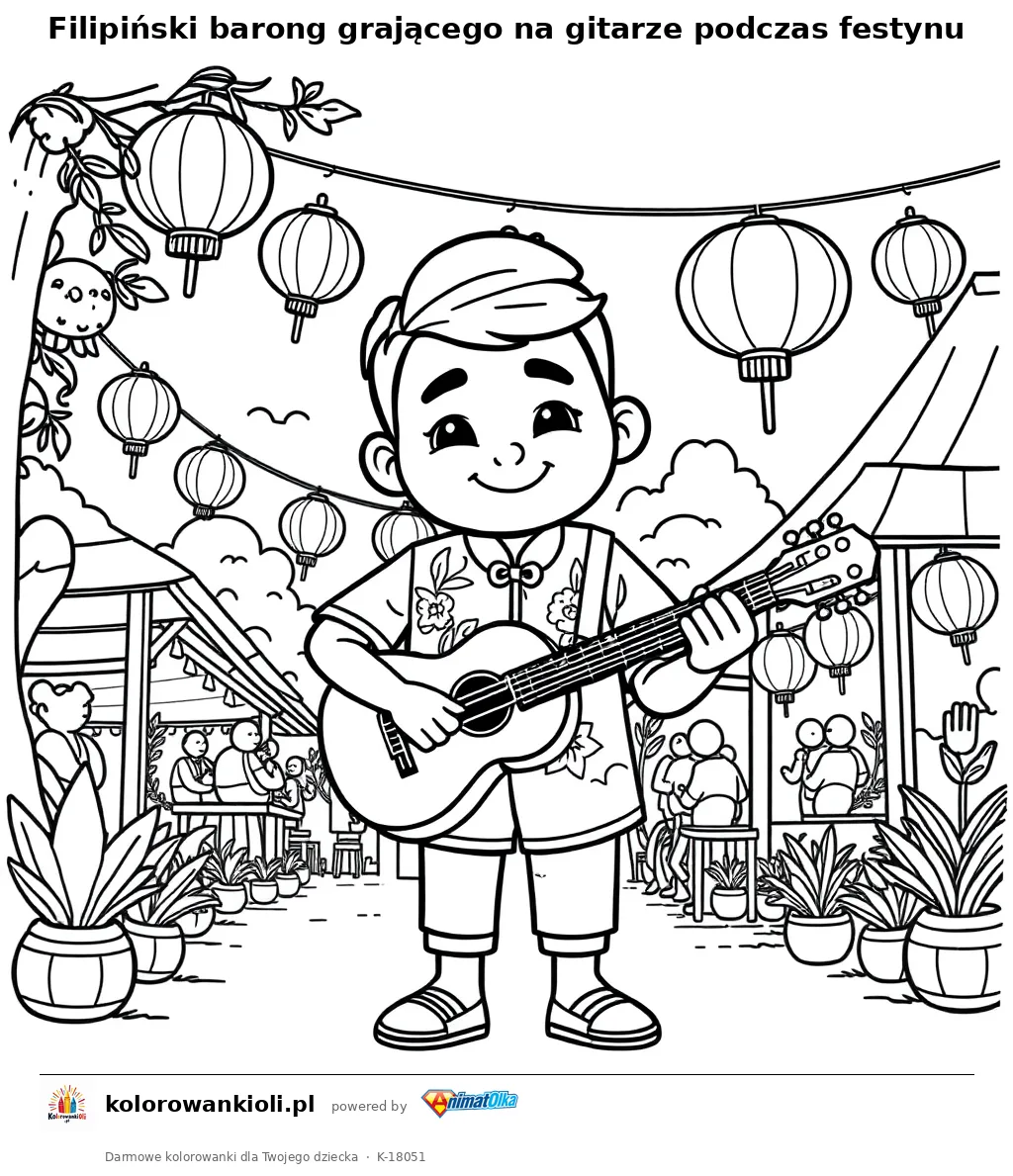 Filipiński barong grającego na gitarze podczas festynu — kolorowanka do wydruku dla dzieci