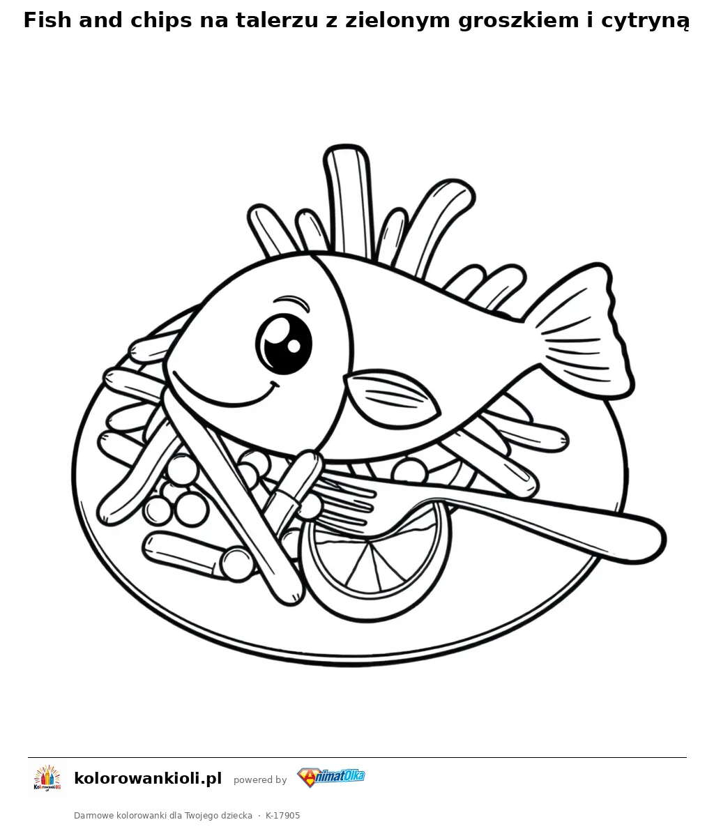 Fish and chips na talerzu z zielonym groszkiem i cytryną — kolorowanka do wydruku dla dzieci