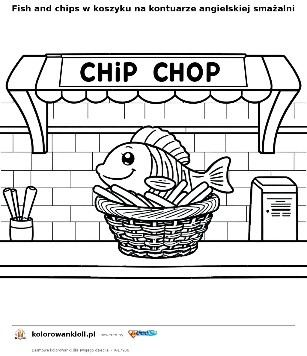 Fish and chips w koszyku na kontuarze angielskiej smażalni — kolorowanka do wydruku dla dzieci