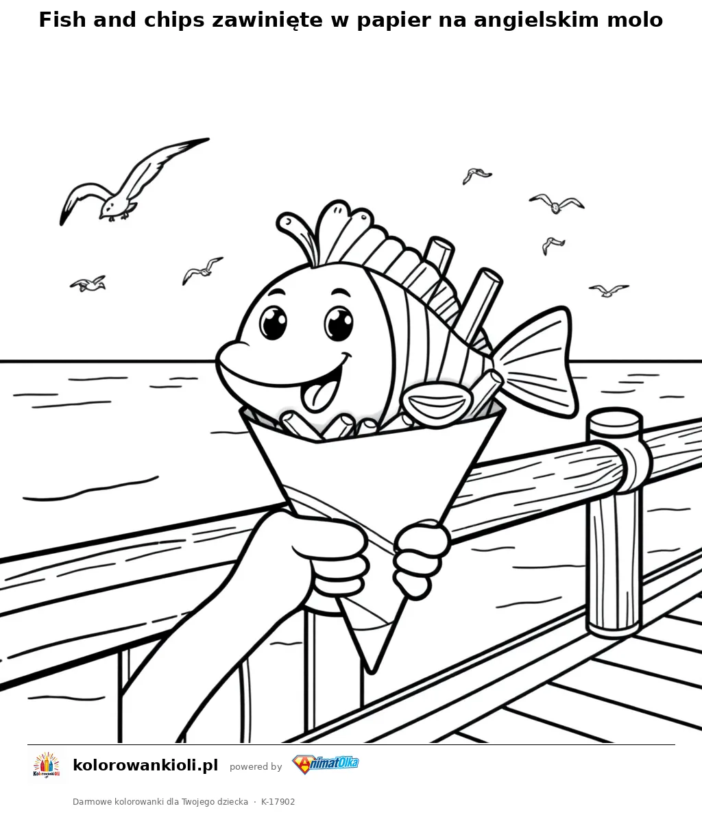 Fish and chips zawinięte w papier na angielskim molo — kolorowanka do wydruku dla dzieci
