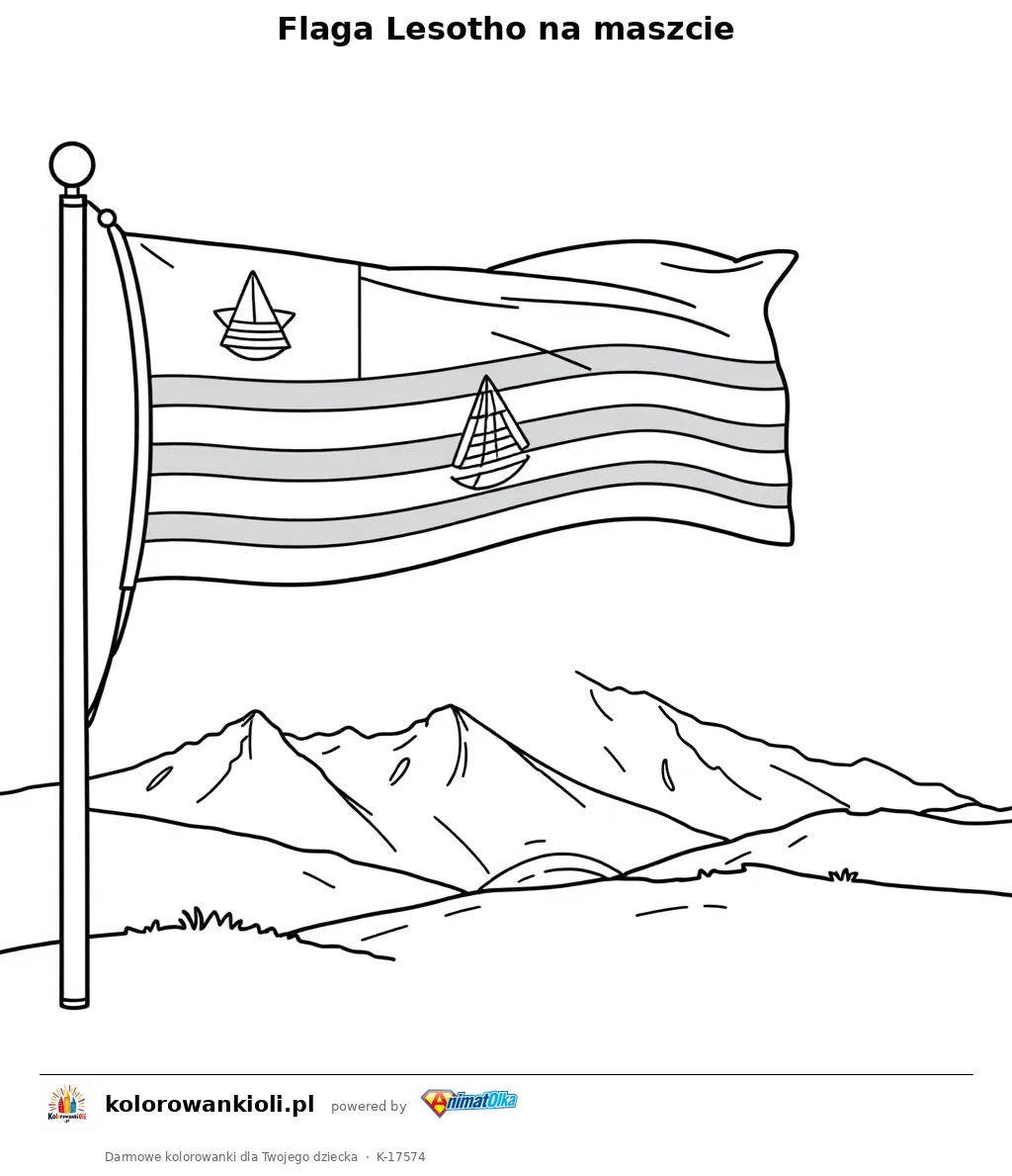 Flaga Lesotho na maszcie — kolorowanka do wydruku dla dzieci
