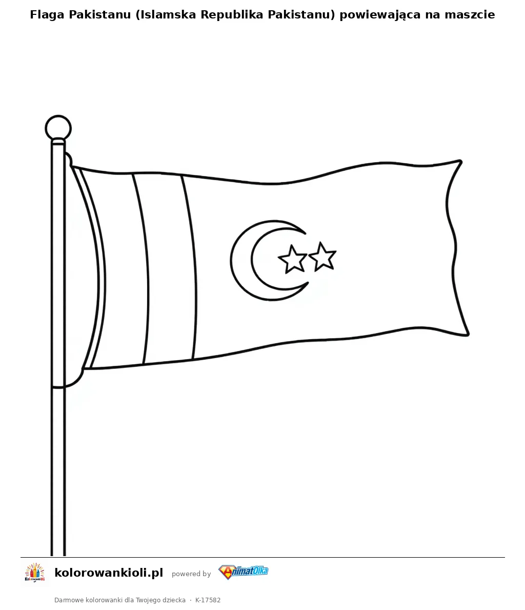Flaga Pakistanu (Islamska Republika Pakistanu) powiewająca na maszcie — kolorowanka do wydruku dla dzieci