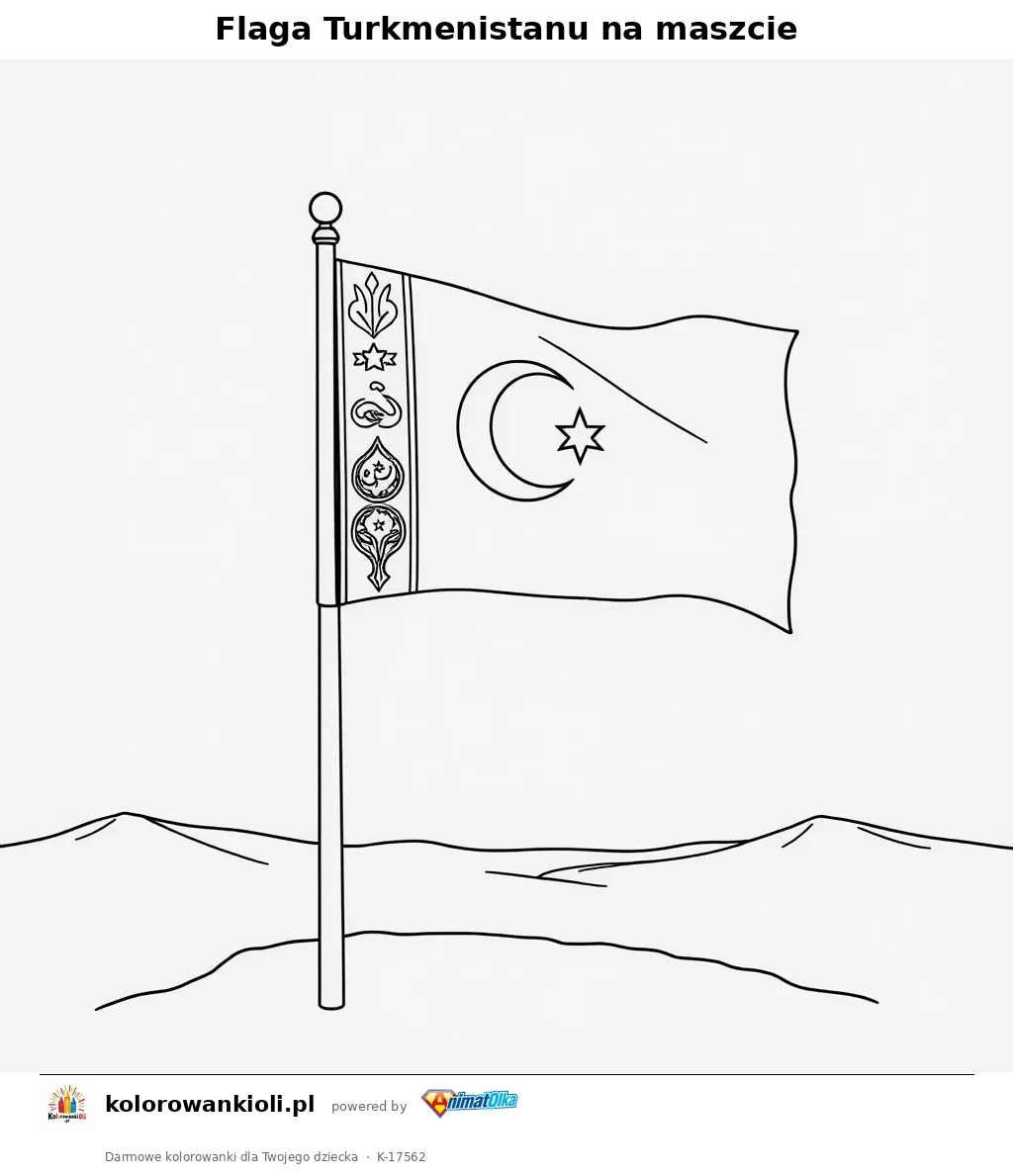 Flaga Turkmenistanu na maszcie — kolorowanka do wydruku dla dzieci