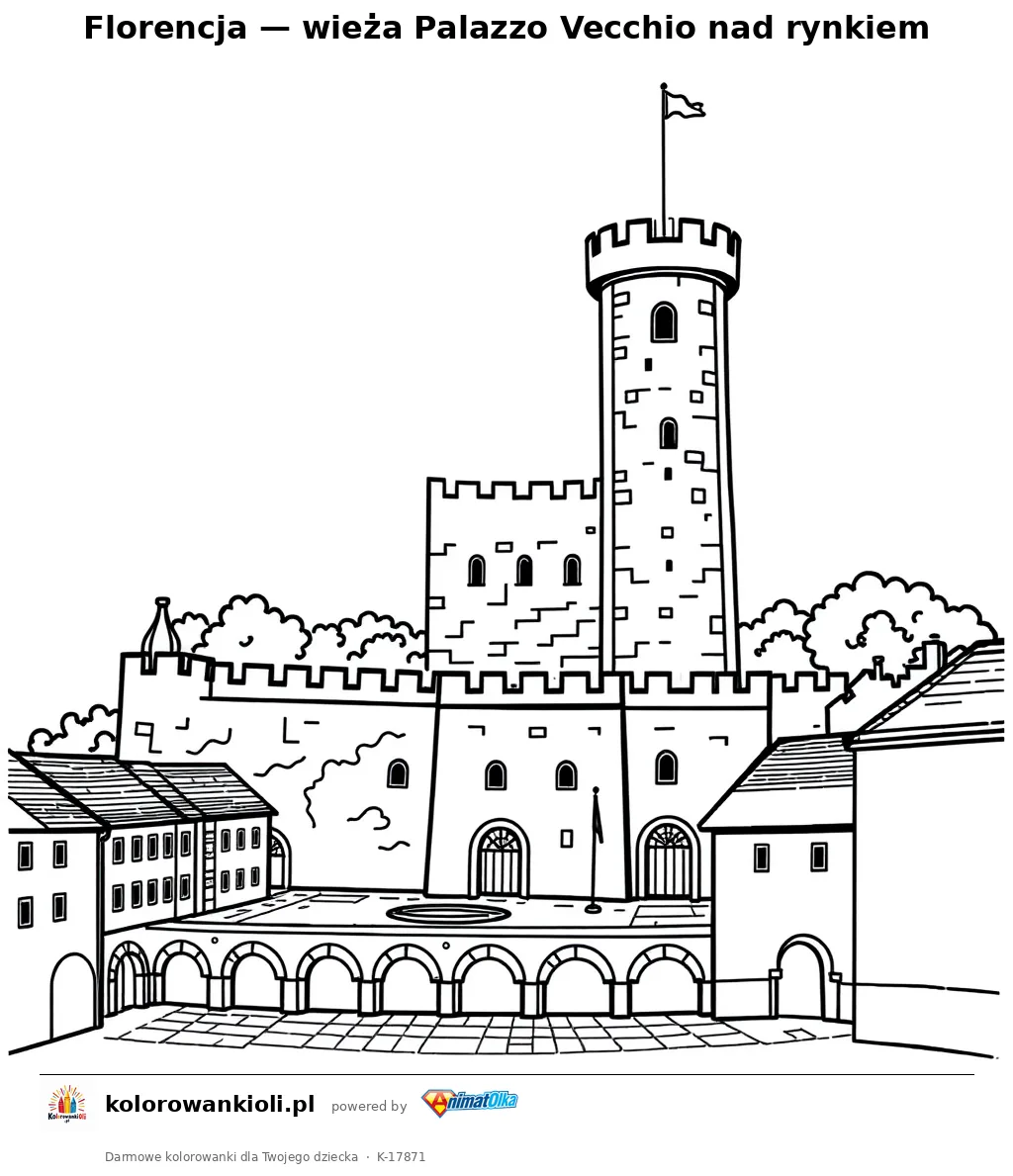 Florencja — wieża Palazzo Vecchio nad rynkiem — kolorowanka do wydruku dla dzieci
