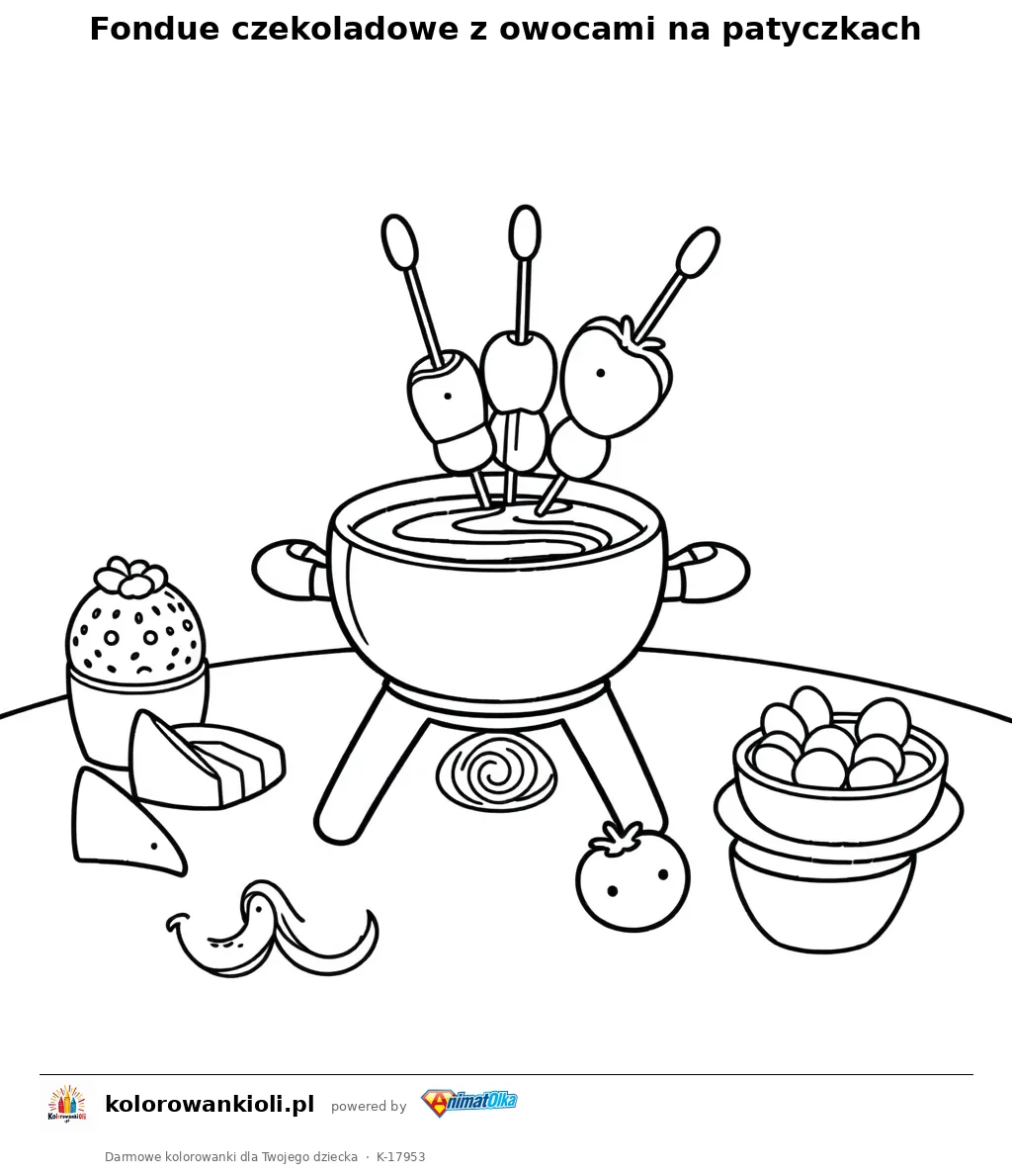 Fondue czekoladowe z owocami na patyczkach — kolorowanka do wydruku dla dzieci