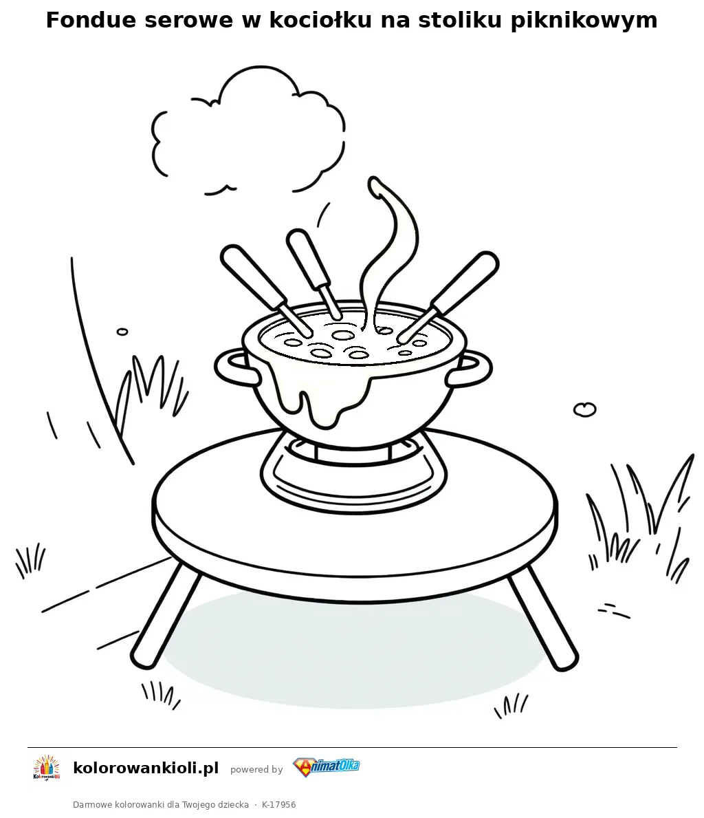 Fondue serowe w kociołku na stoliku piknikowym — kolorowanka do wydruku dla dzieci