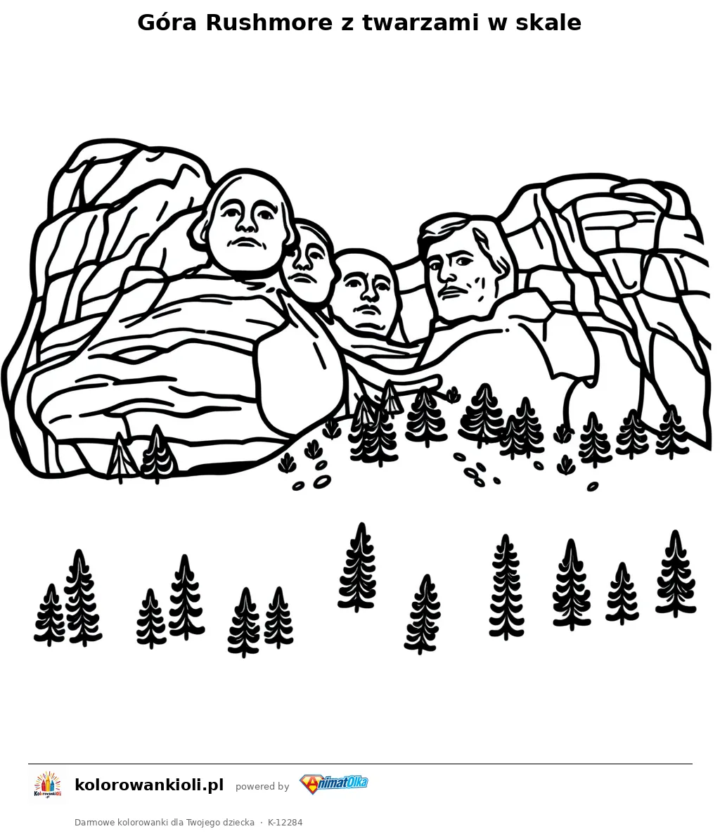 Góra Rushmore z twarzami w skale — kolorowanka do wydruku dla dzieci