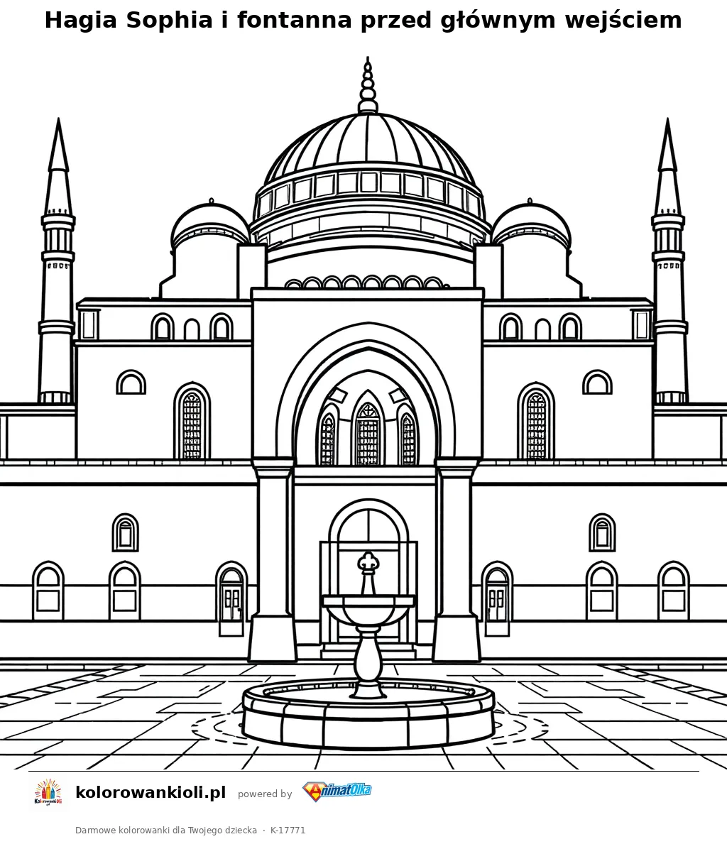 Hagia Sophia i fontanna przed głównym wejściem — kolorowanka do wydruku dla dzieci