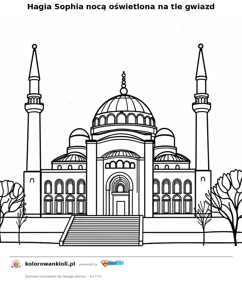 Hagia Sophia nocą oświetlona na tle gwiazd — kolorowanka do wydruku dla dzieci