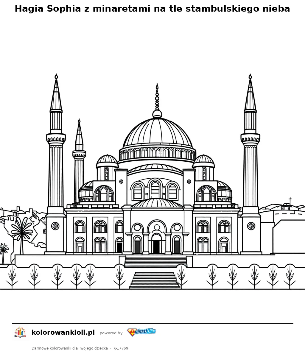 Hagia Sophia z minaretami na tle stambulskiego nieba — kolorowanka do wydruku dla dzieci