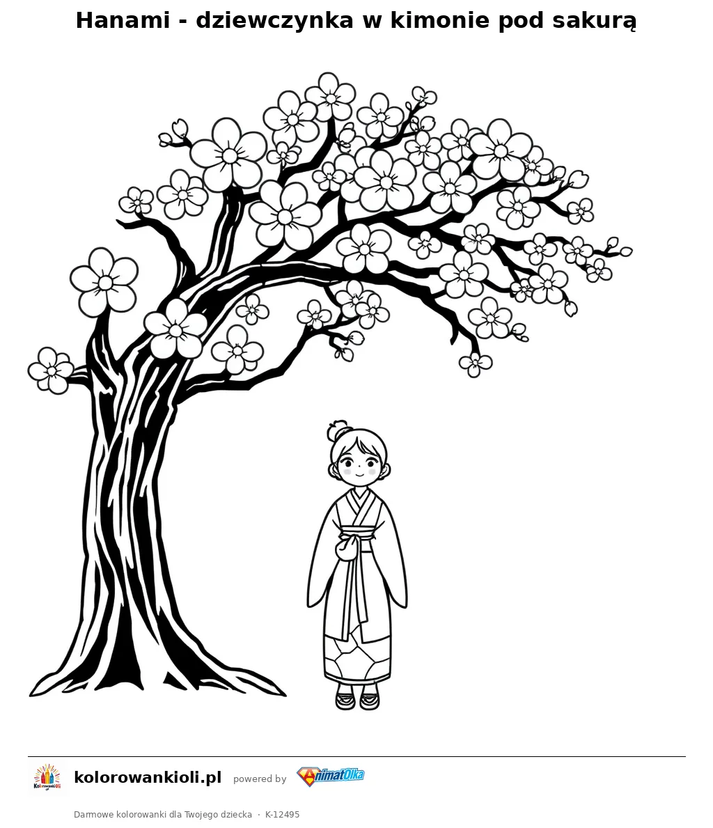 Hanami - dziewczynka w kimonie pod sakura — kolorowanka do wydruku dla dzieci