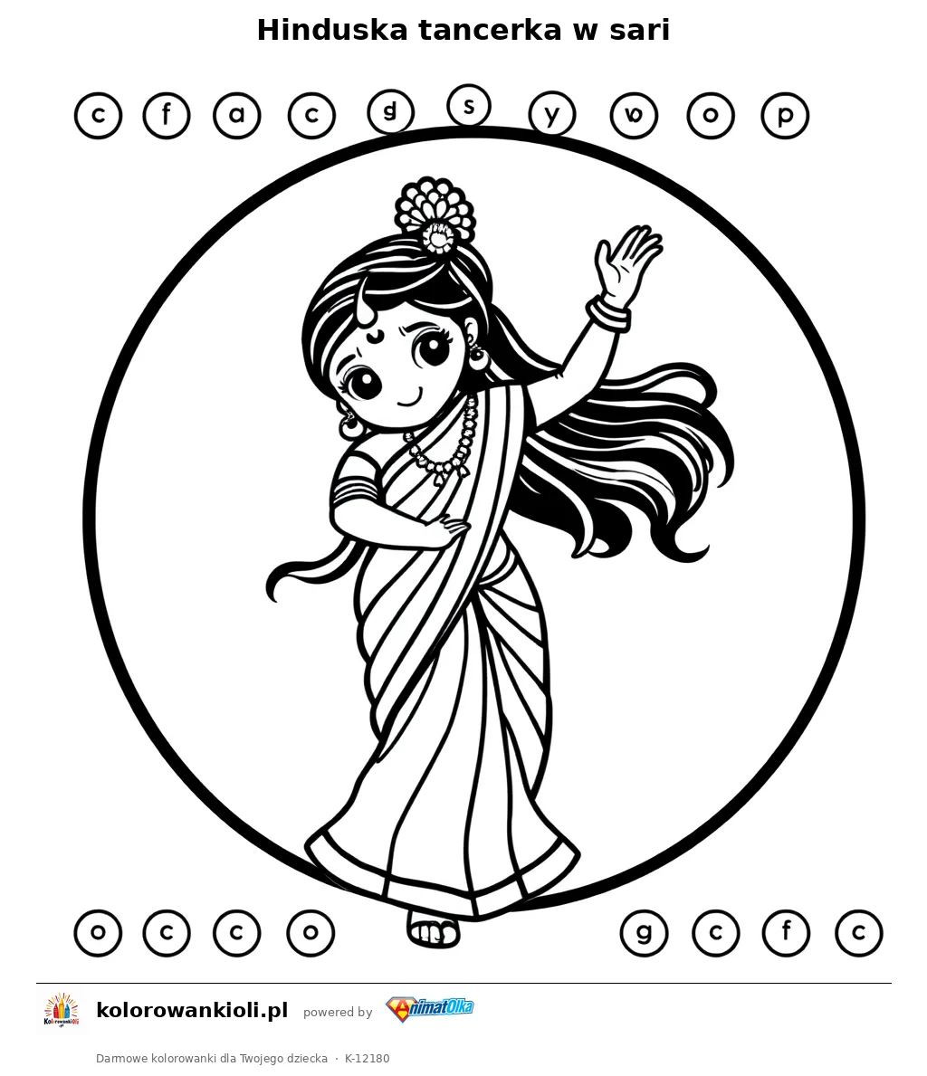 Hinduska tancerka w sari — kolorowanka do wydruku dla dzieci