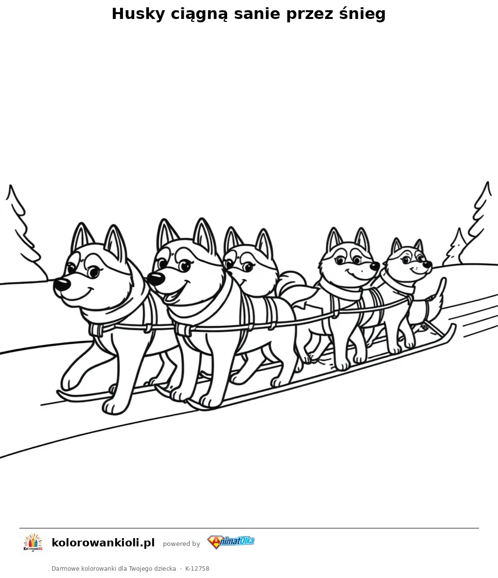 Husky ciagna sanie przez snieg — kolorowanka do wydruku dla dzieci