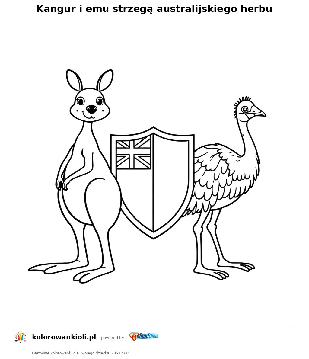 Kangur i emu strzega australijskiego herbu — kolorowanka do wydruku dla dzieci