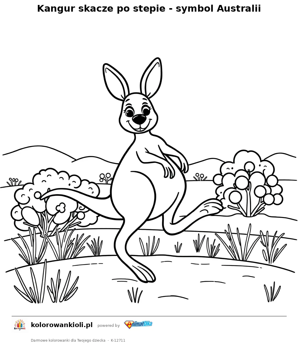 Kangur skacze po stepie - symbol Australii — kolorowanka do wydruku dla dzieci