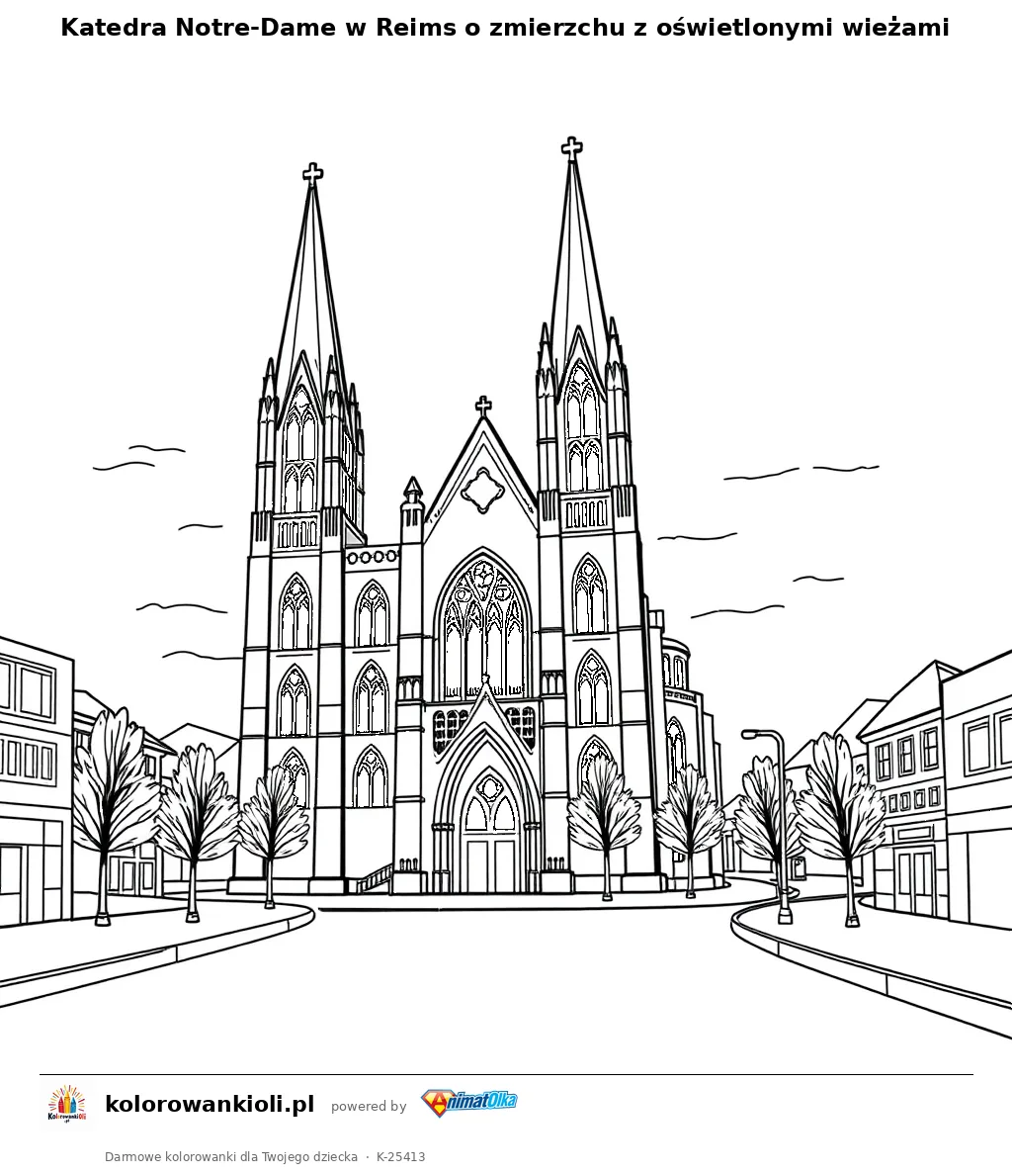 Katedra Notre-Dame w Reims o zmierzchu z oświetlonymi wieżami — kolorowanka do wydruku dla dzieci