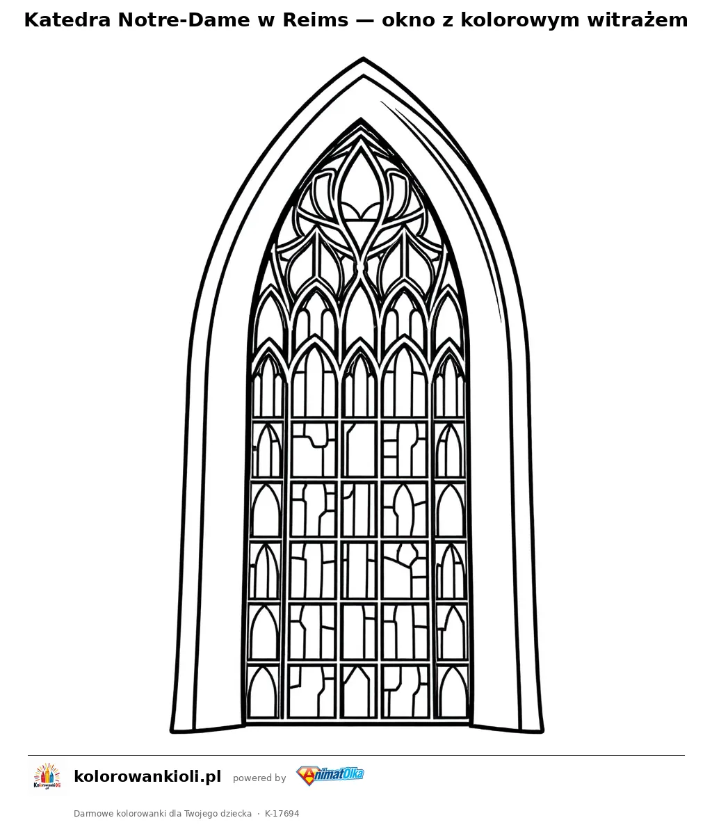 Katedra Notre-Dame w Reims — okno z kolorowym witrażem — kolorowanka do wydruku dla dzieci