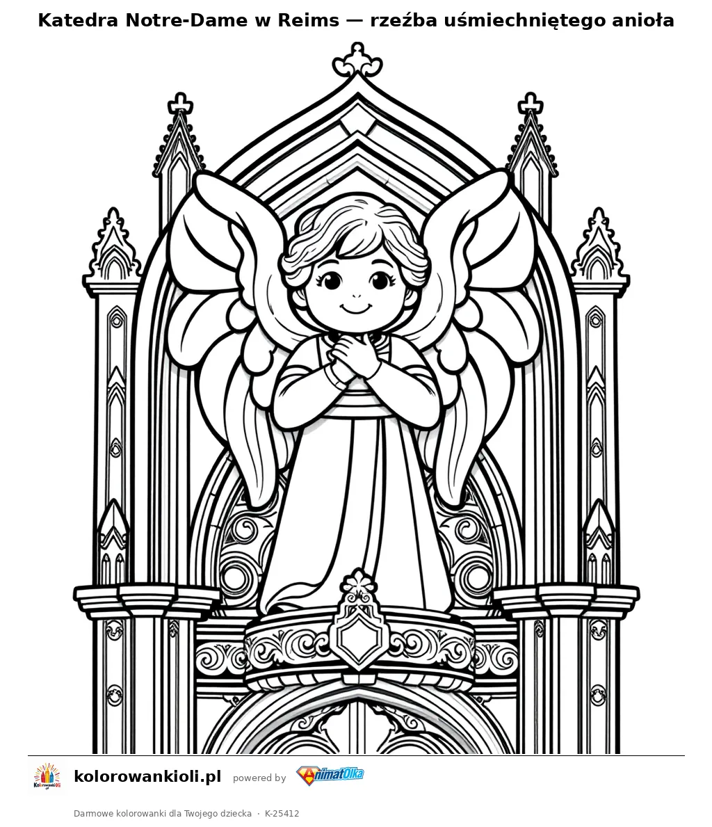 Katedra Notre-Dame w Reims — rzeźba uśmiechniętego anioła — kolorowanka do wydruku dla dzieci