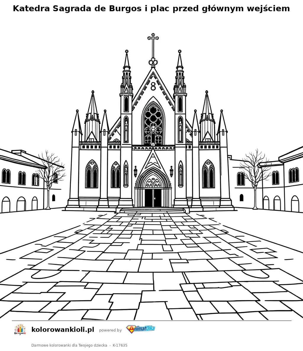 Katedra Sagrada de Burgos i plac przed głównym wejściem — kolorowanka do wydruku dla dzieci