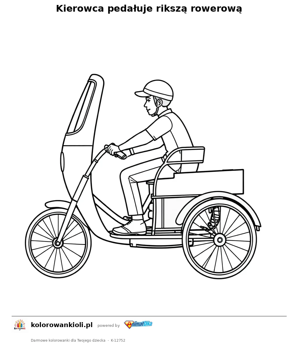 Kierowca pedaluje rikszy rowerowej — kolorowanka do wydruku dla dzieci