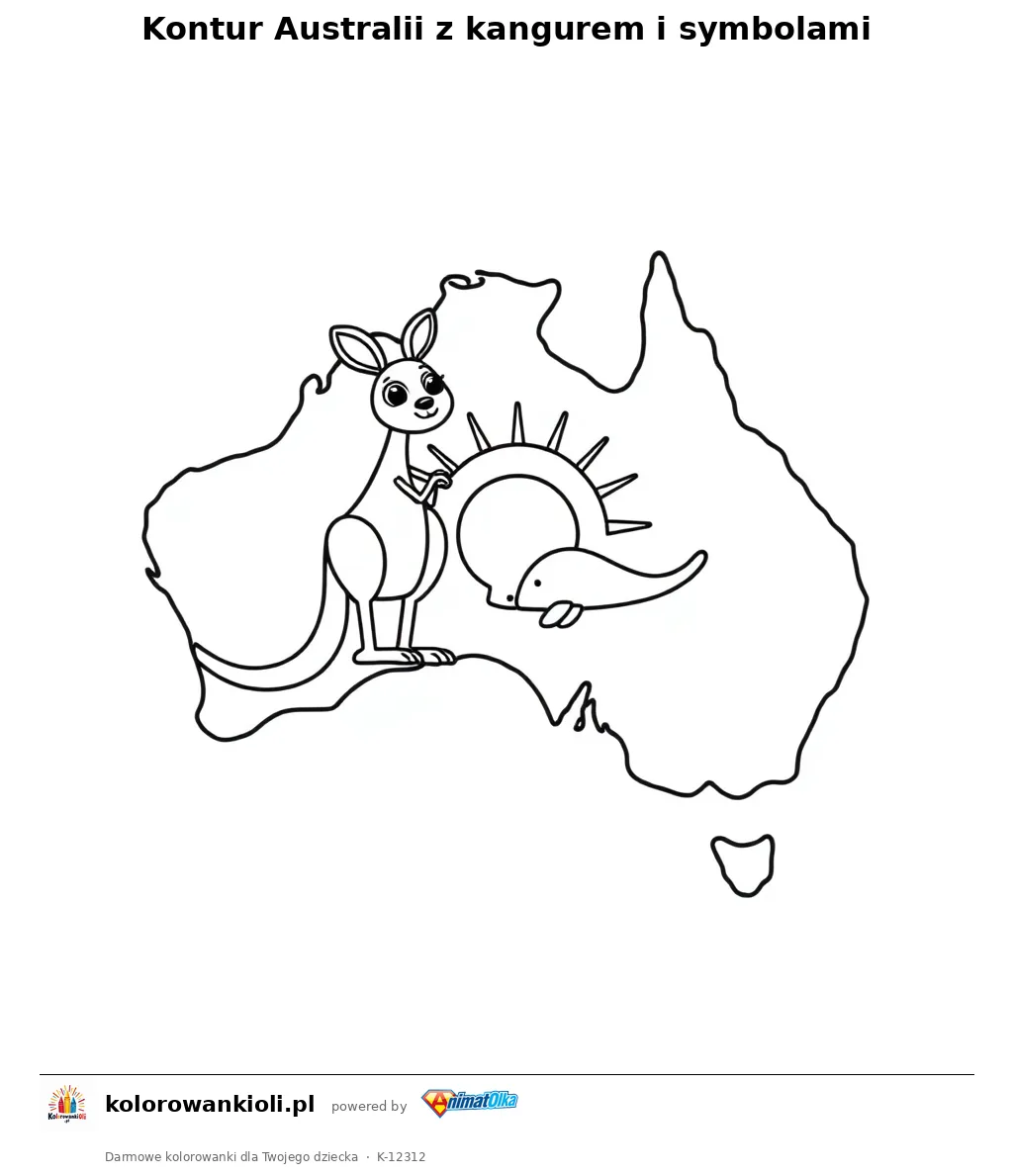Kontur Australii z kangurem i symbolami — kolorowanka do wydruku dla dzieci
