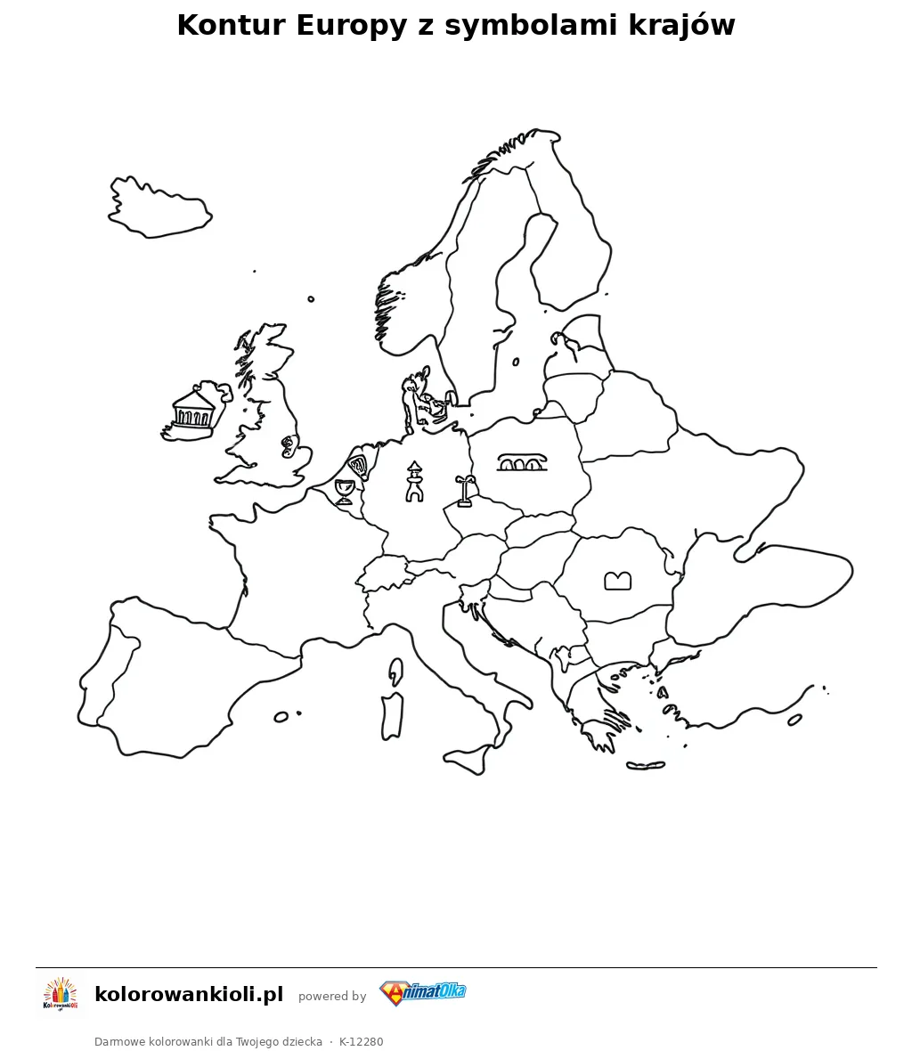 Kontur Europy z symbolami krajów — kolorowanka do wydruku dla dzieci