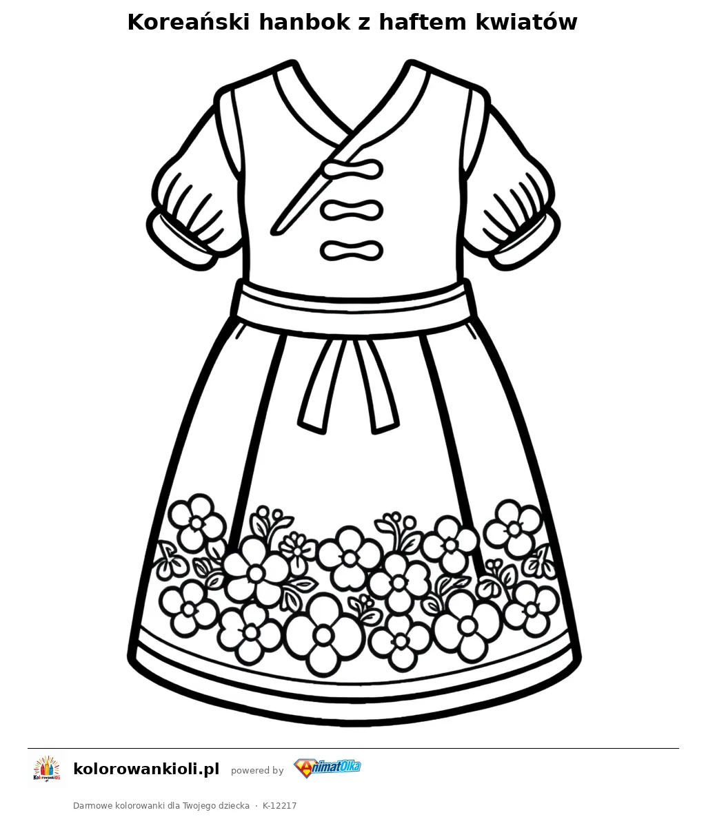 Koreański hanbok z haftem kwiatów — kolorowanka do wydruku dla dzieci