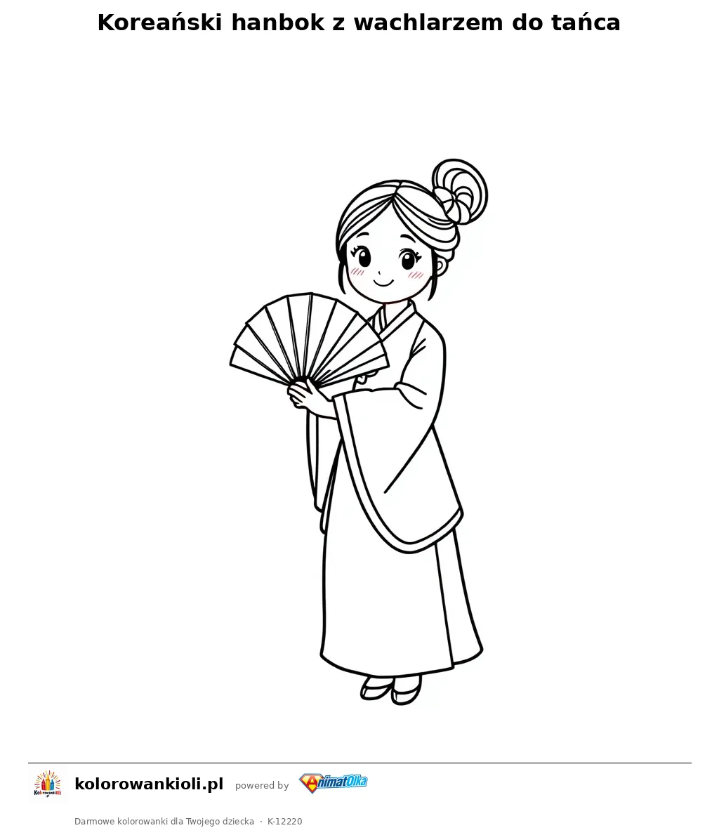 Koreański hanbok z wachlarzem do tańca — kolorowanka do wydruku dla dzieci