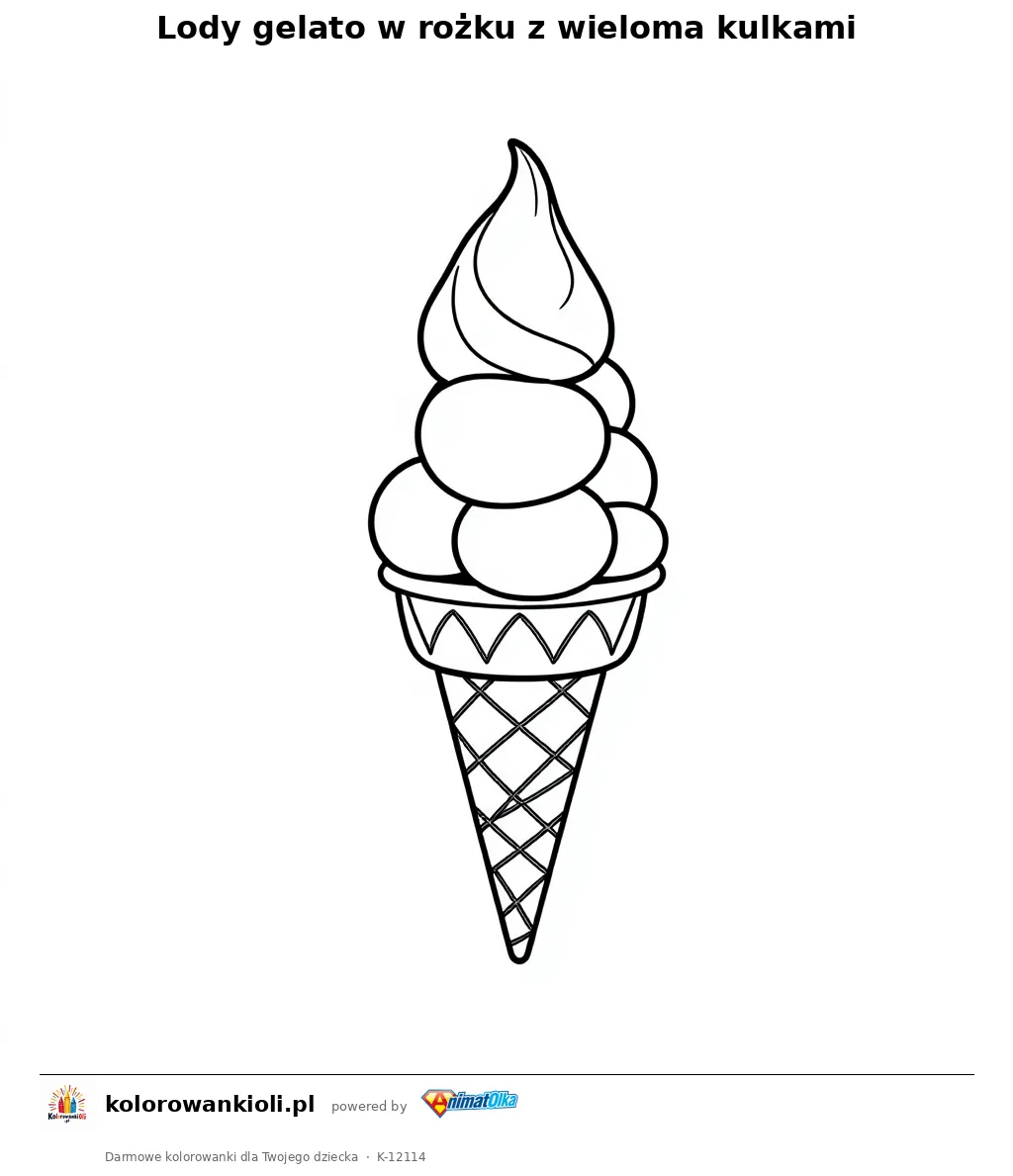 Lody gelato w rozku z wieloma kulkami — kolorowanka do wydruku dla dzieci