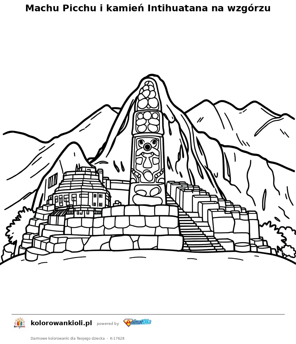 Machu Picchu i kamień Intihuatana na wzgórzu — kolorowanka do wydruku dla dzieci