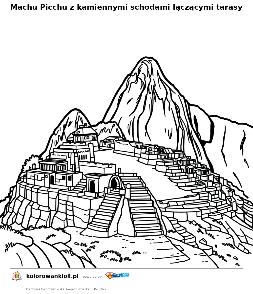 Machu Picchu z kamiennymi schodami łączącymi tarasy — kolorowanka do wydruku dla dzieci