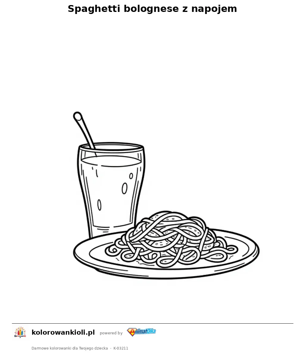 Spaghetti bolognese z napojem — kolorowanka do wydruku dla dzieci